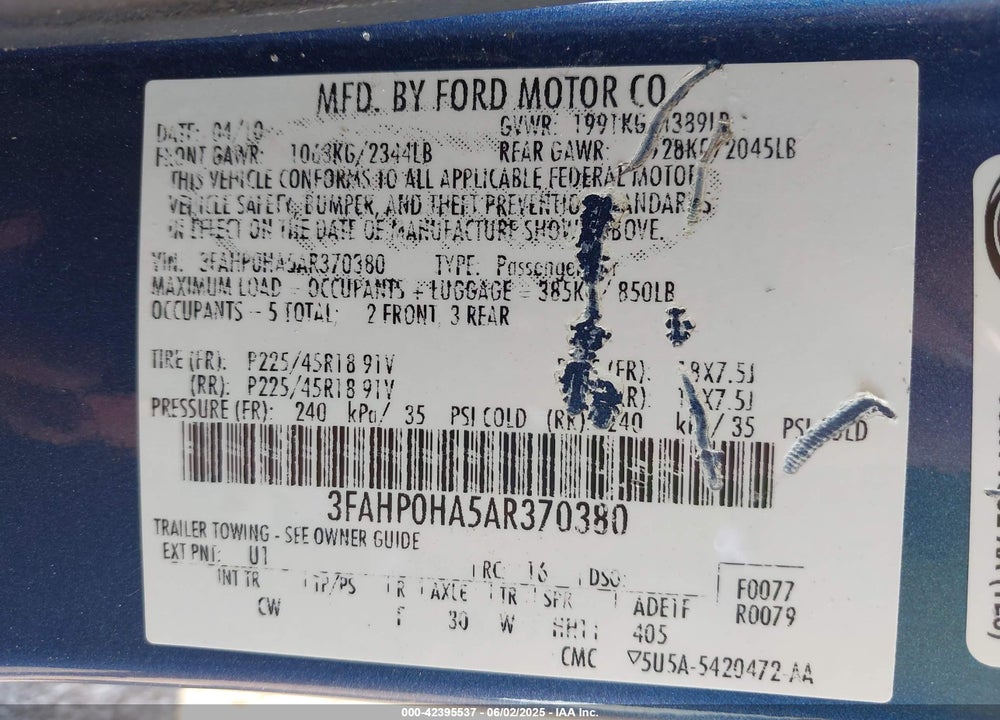 2010 FORD FUSION VIN: 3FAHP0HA5AR370380