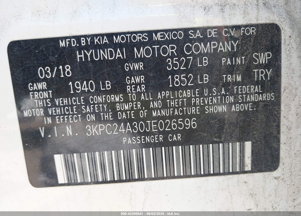 2018 HYUNDAI ACCENT VIN: 3KPC24A30JE026596