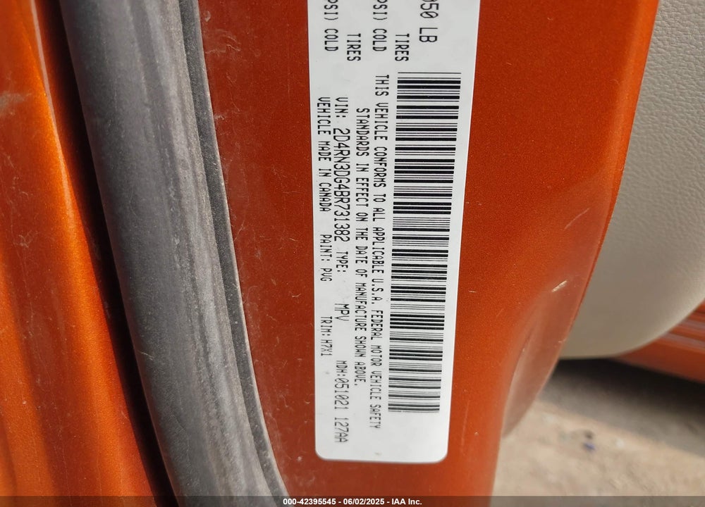 2011 DODGE GRAND CARAVAN MAINSTREET VIN: 2D4RN3DG4BR731382