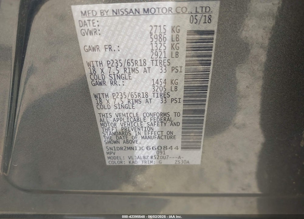 2018 NISSAN PATHFINDER VIN: 5N1DR2MN1JC660844