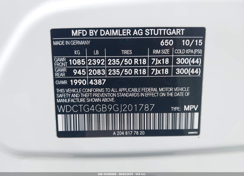 2016 MERCEDES-BENZ GLA-CLASS VIN: WDCTG4GB9GJ201787