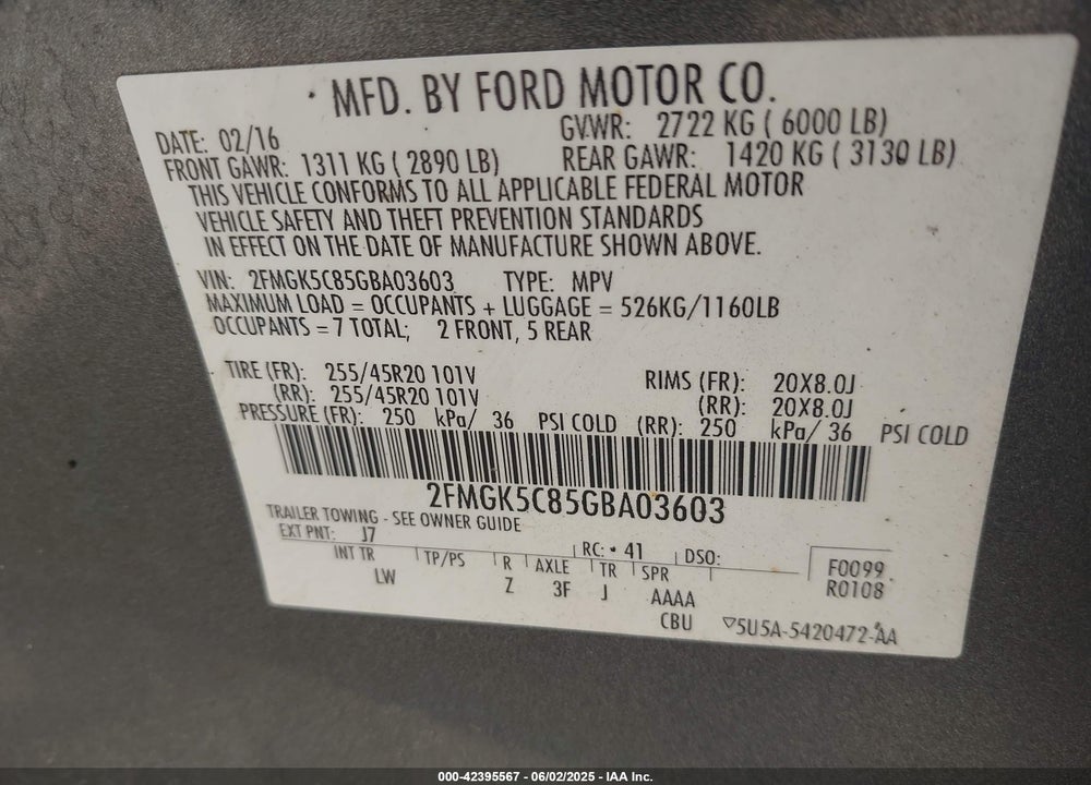 2016 FORD FLEX VIN: 2FMGK5C85GBA03603