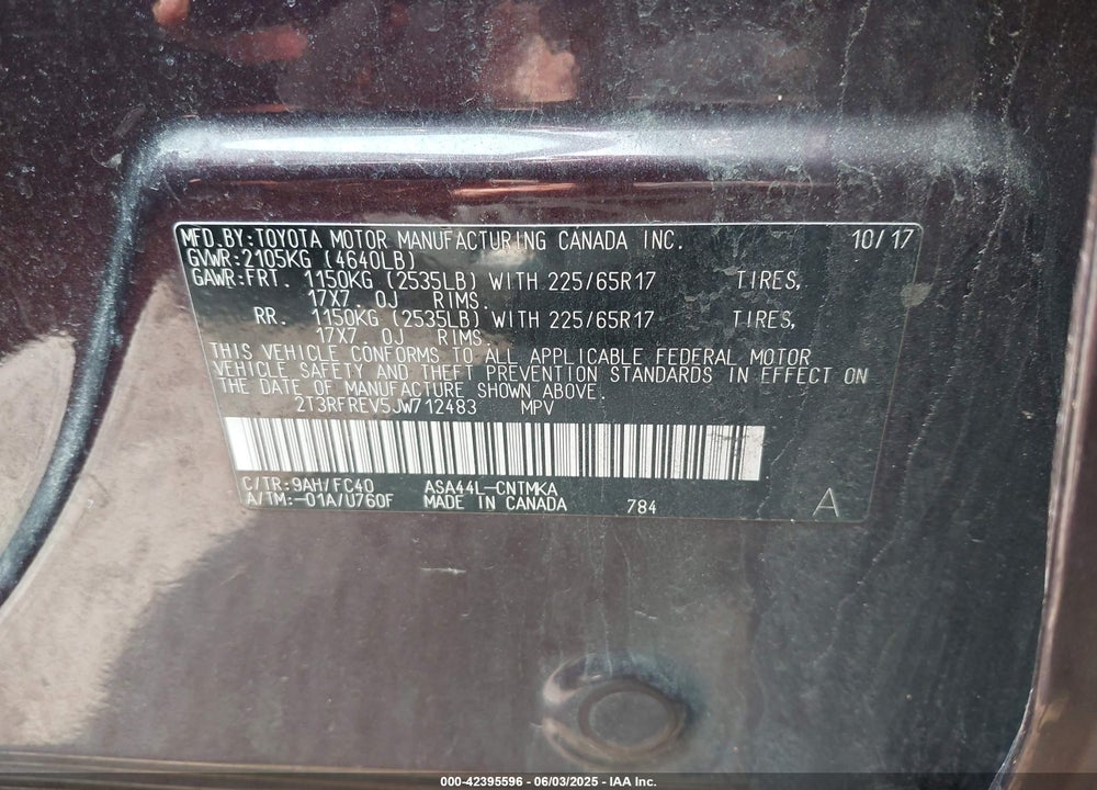 2018 TOYOTA RAV4 VIN: 2T3RFREV5JW712483