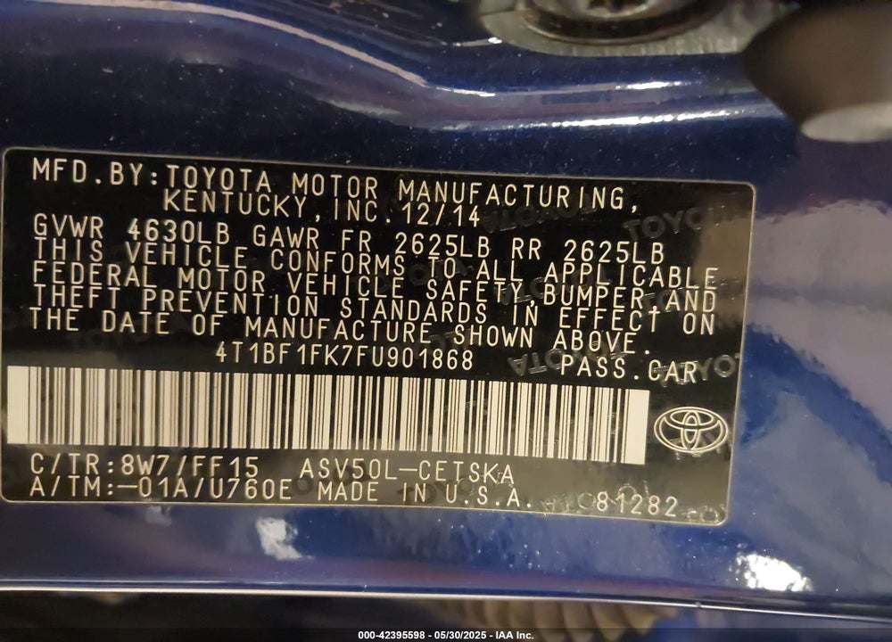 2015 TOYOTA CAMRY VIN: 4T1BF1FK7FU901868