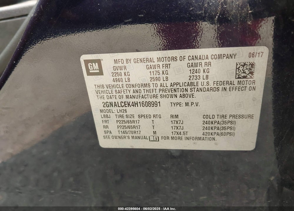 2017 CHEVROLET EQUINOX LT VIN: 2GNALCEK4H1608991