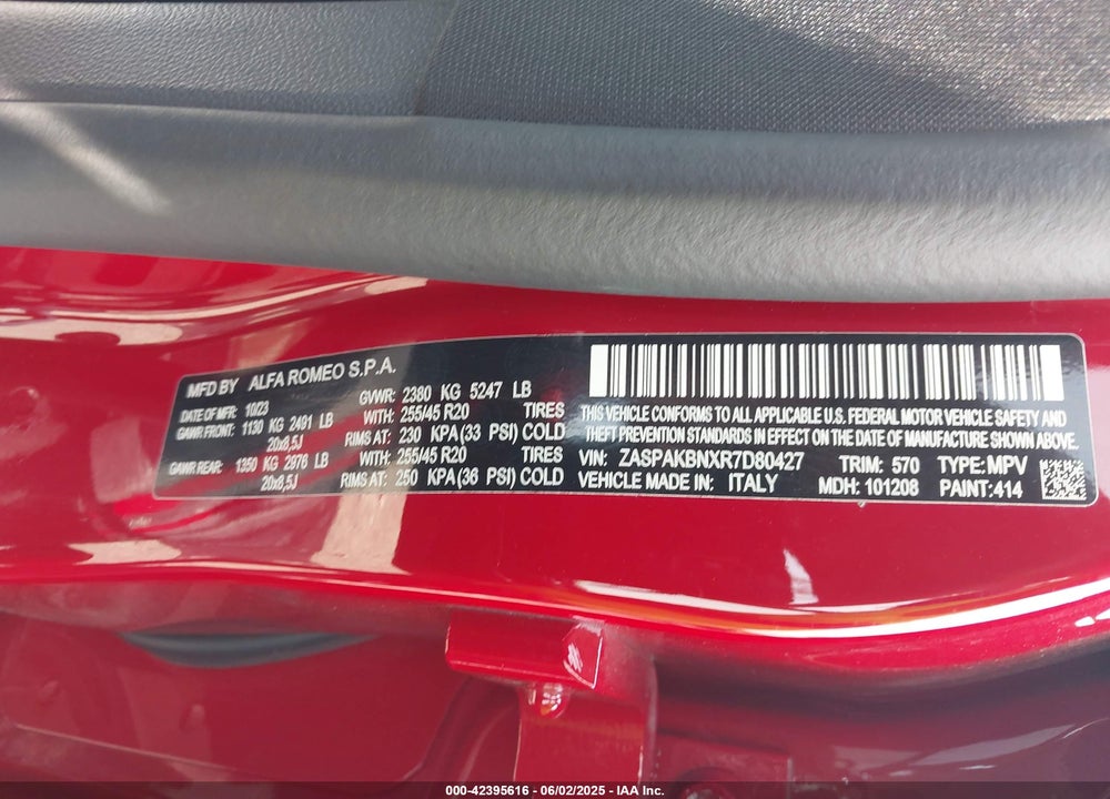 2024 ALFA ROMEO STELVIO VIN: ZASPAKBNXR7D80427