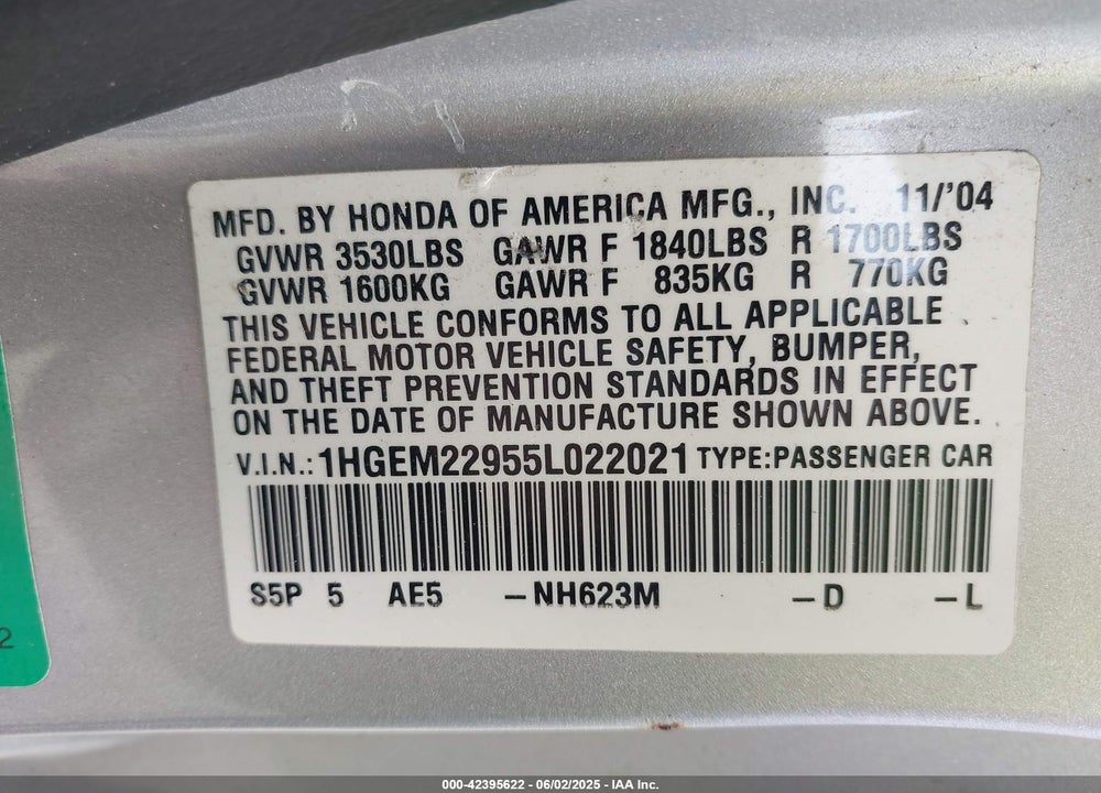 2005 HONDA CIVIC VIN: 1HGEM22955L022021