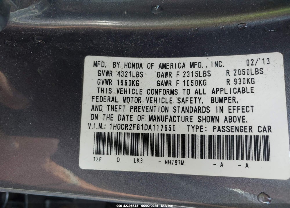 2013 HONDA ACCORD VIN: 1HGCR2F81DA117650