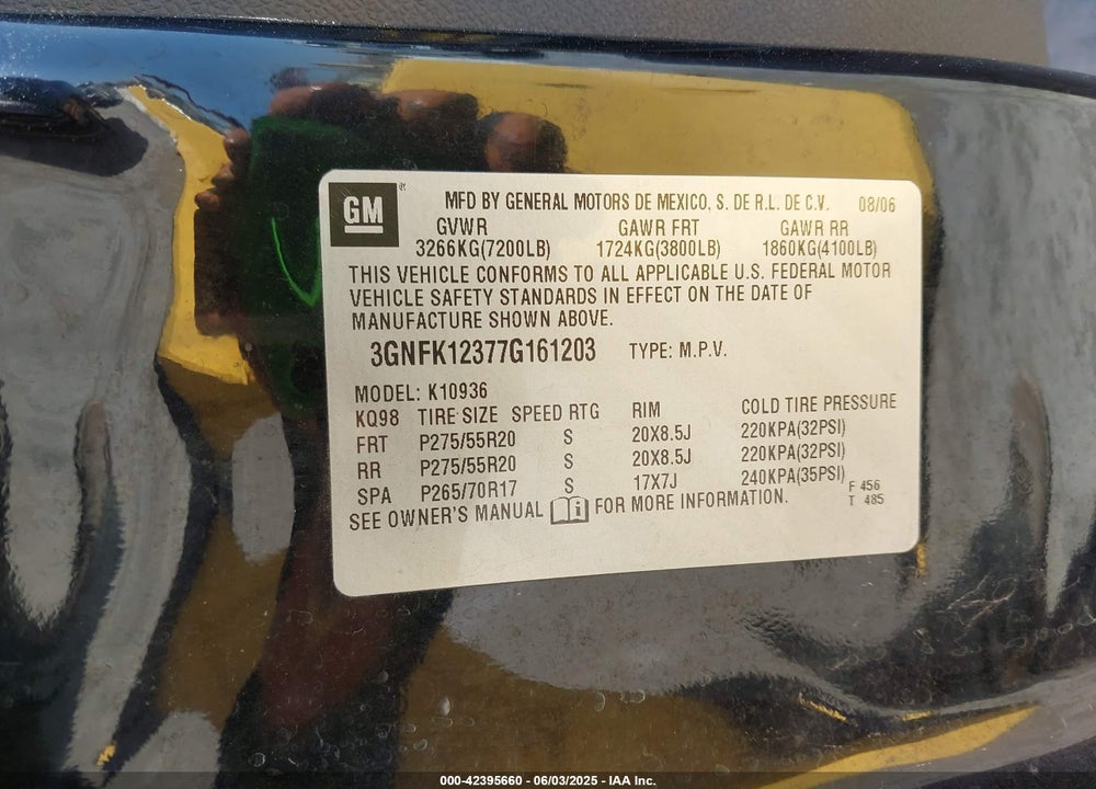 2007 CHEVROLET AVALANCHE 1500 LTZ VIN: 3GNFK12377G161203