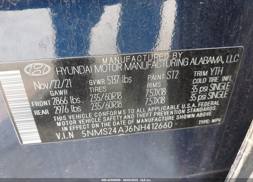 2022 HYUNDAI SANTA FE VIN: 5NMS24AJ6NH412660