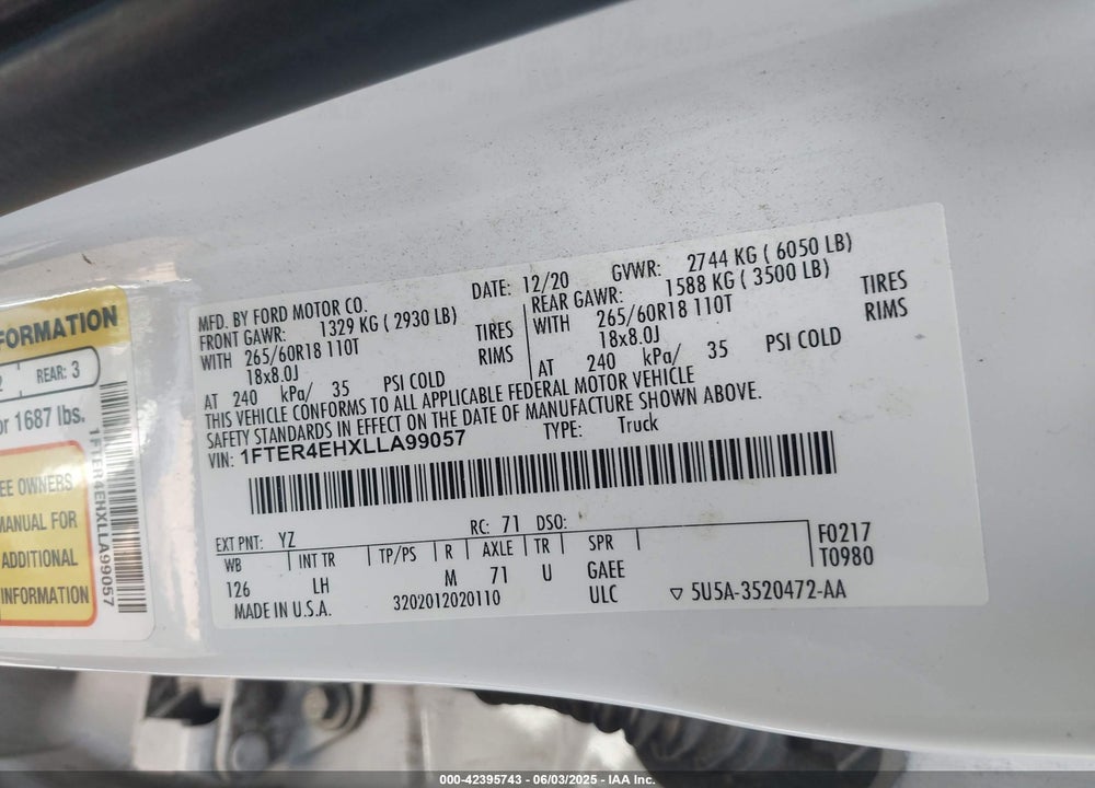2020 FORD RANGER VIN: 1FTER4EHXLLA99057