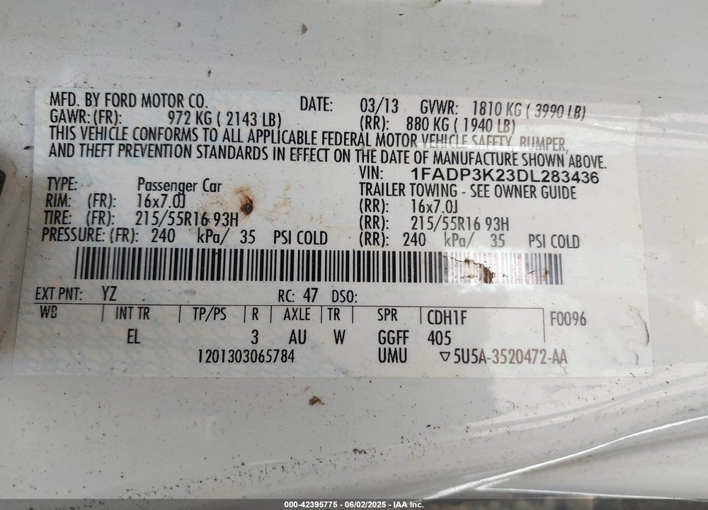 2013 FORD FOCUS VIN: 1FADP3K23DL283436