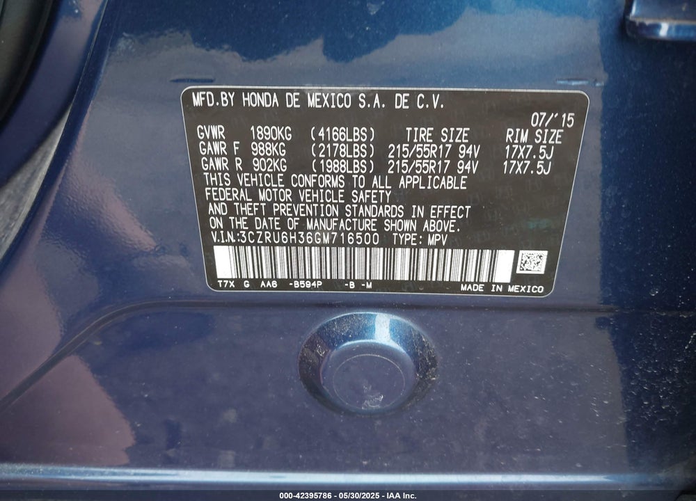 2016 HONDA HR-V VIN: 3CZRU6H36GM716500