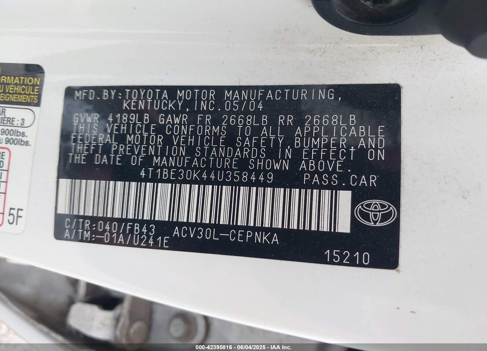 2004 TOYOTA CAMRY VIN: 4T1BE30K44U358449