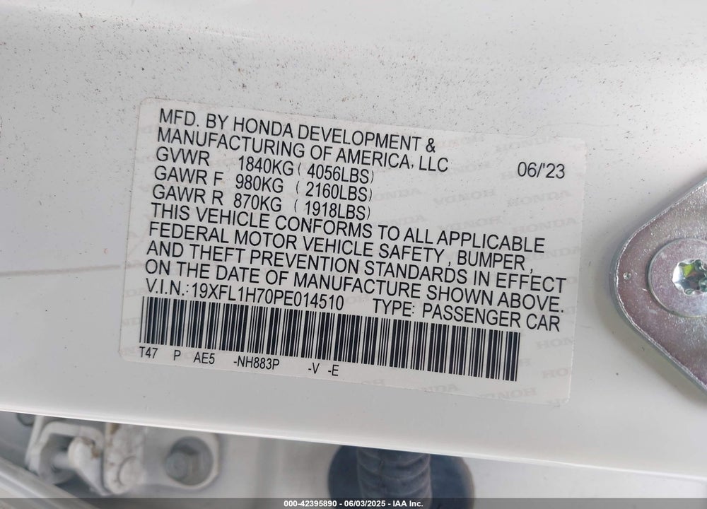 2023 HONDA CIVIC VIN: 19XFL1H70PE014510