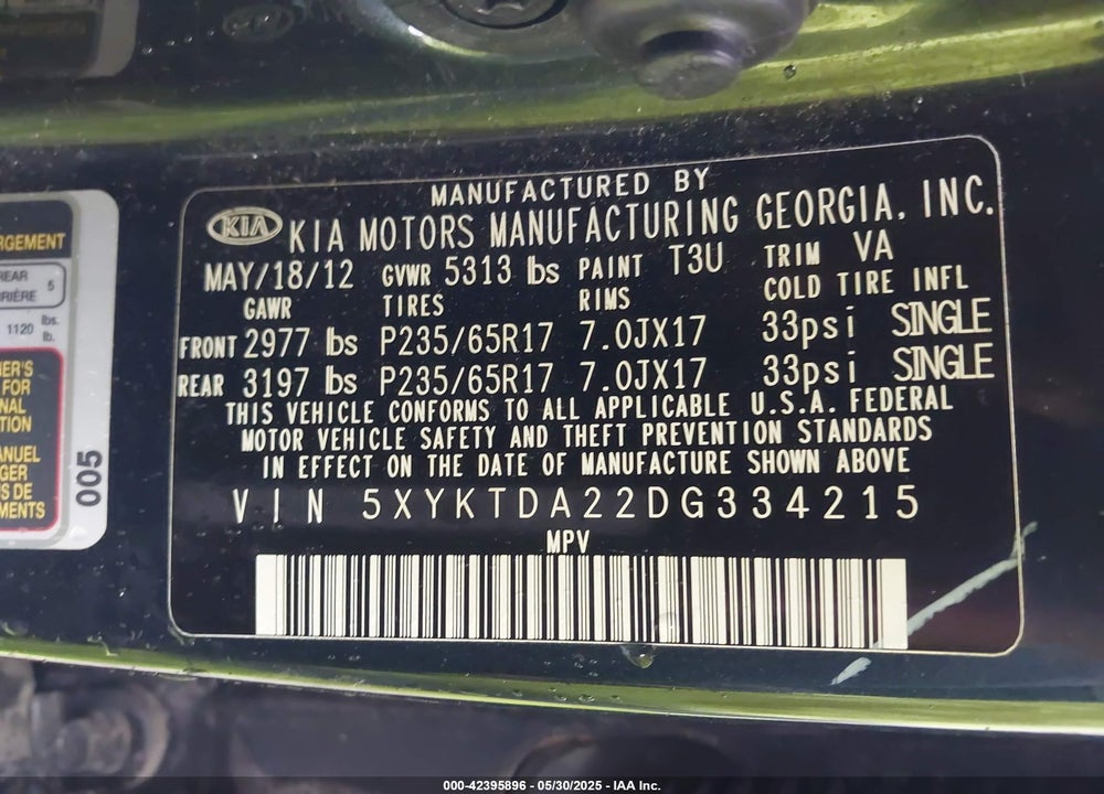 2013 KIA SORENTO LX V6 VIN: 5XYKTDA22DG334215