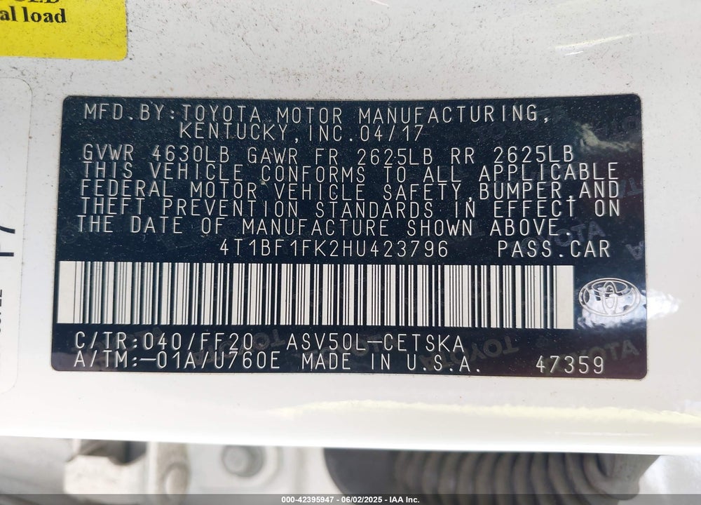 2017 TOYOTA CAMRY VIN: 4T1BF1FK2HU423796