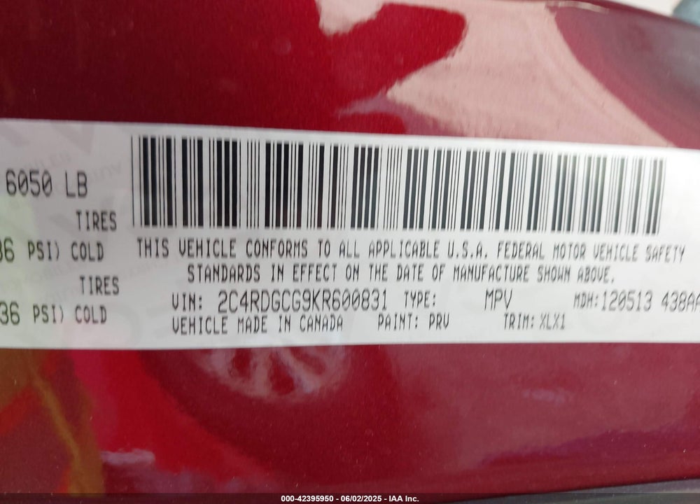 2019 DODGE GRAND CARAVAN VIN: 2C4RDGCG9KR600831