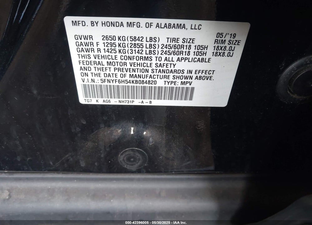 2019 HONDA PILOT VIN: 5FNYF6H54KB084820