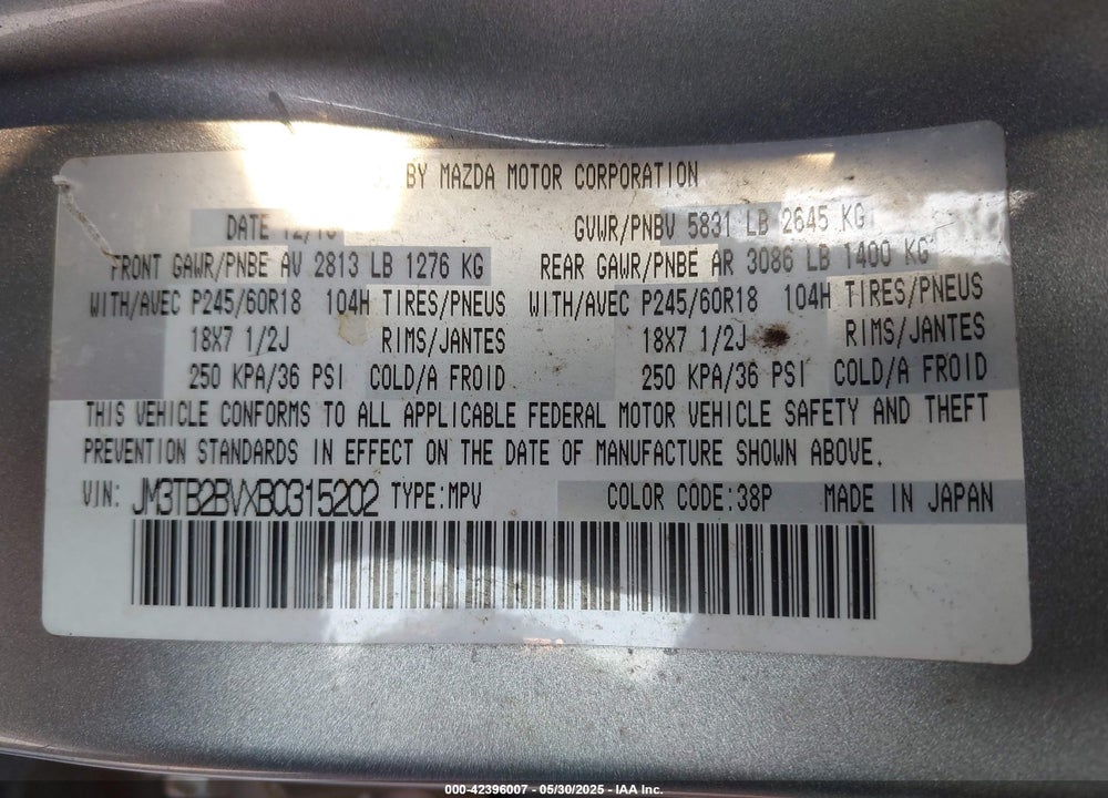 2011 MAZDA CX-9 VIN: JM3TB2BVXB0315202