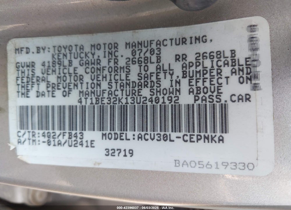 2003 TOYOTA CAMRY LE VIN: 4T1BE32K13U240192