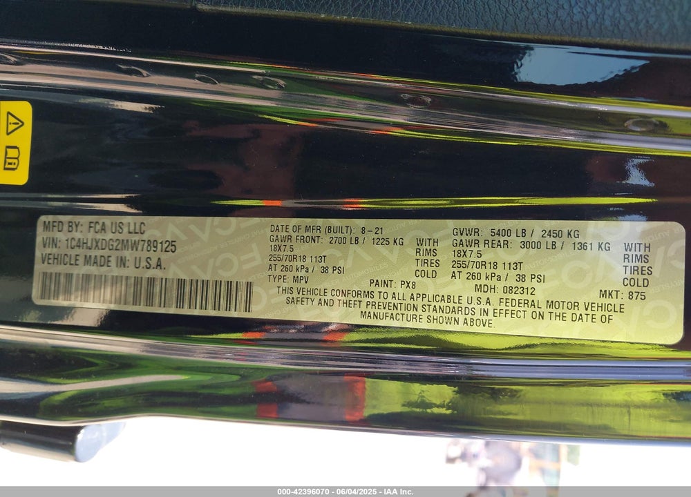 2021 JEEP WRANGLER UNLIMITED VIN: 1C4HJXDG2MW789125