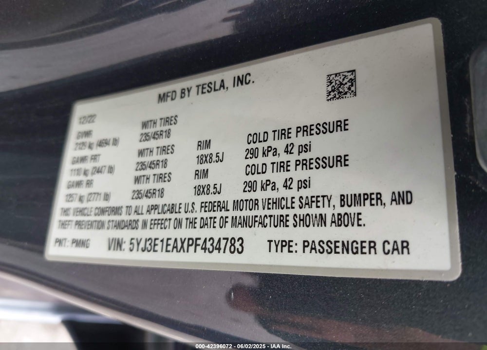 2023 TESLA MODEL 3 VIN: 5YJ3E1EAXPF434783