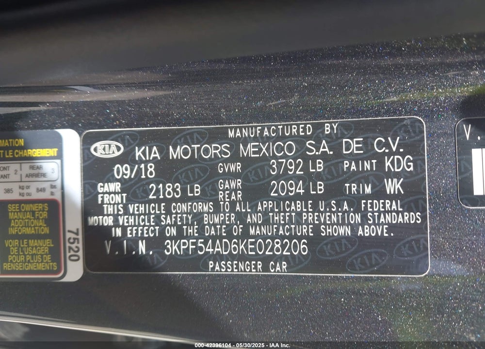 2019 KIA FORTE EX VIN: 3KPF54AD6KE028206