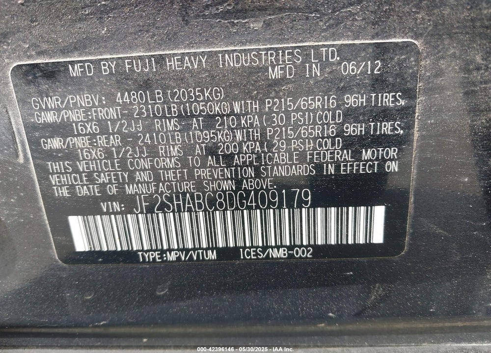 2013 SUBARU FORESTER VIN: JF2SHABC8DG409179