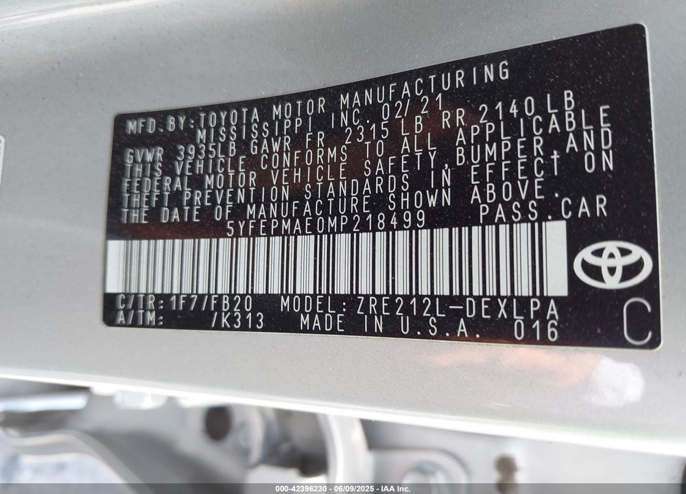 2021 TOYOTA COROLLA VIN: 5YFEPMAE0MP218499