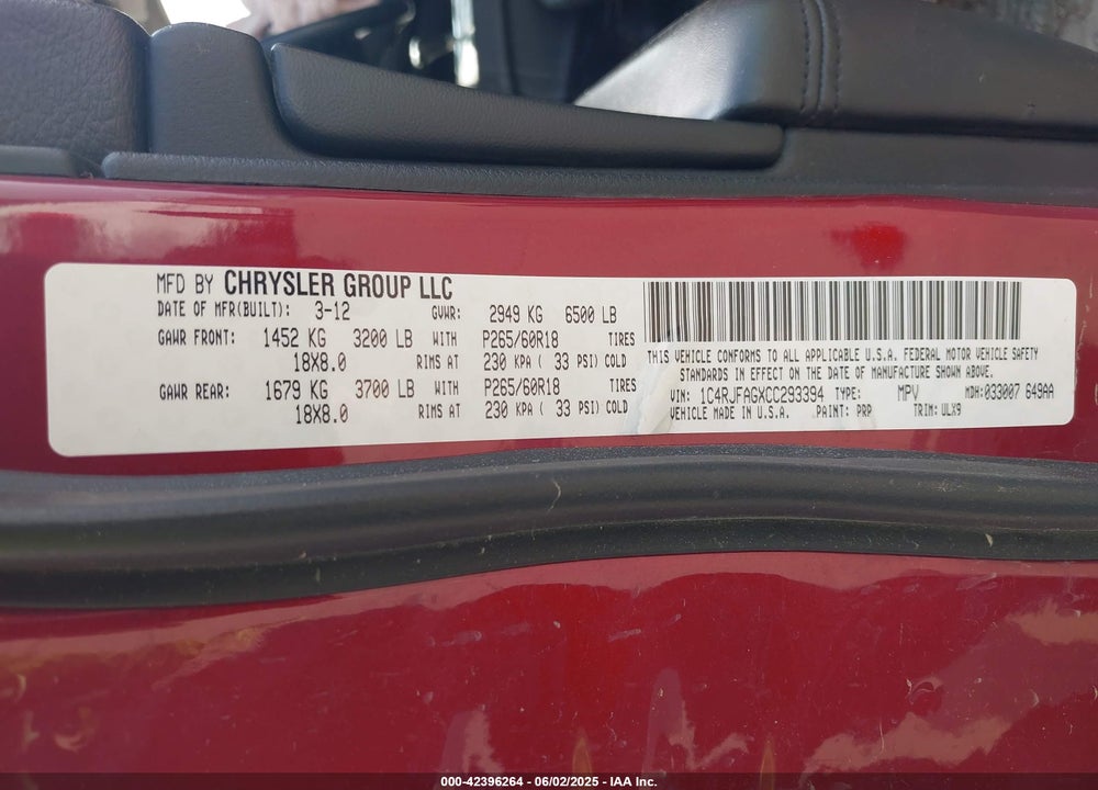 2012 JEEP GRAND CHEROKEE VIN: 1C4RJFAGXCC293394
