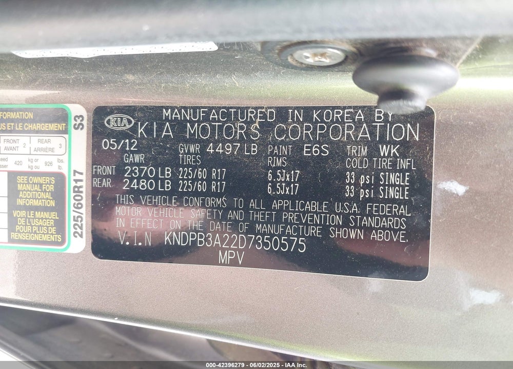 2013 KIA SPORTAGE VIN: KNDPB3A22D7350575