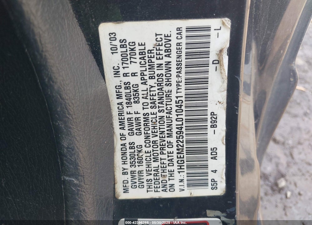 2004 HONDA CIVIC LX VIN: 1HGEM22594L010451