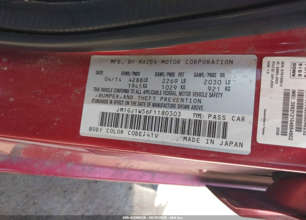 2015 MAZDA 6 VIN: JM1GJ1W56F1180303