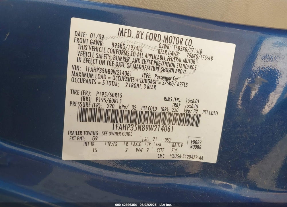 2009 FORD FOCUS SE VIN: 1FAHP35N89W214061
