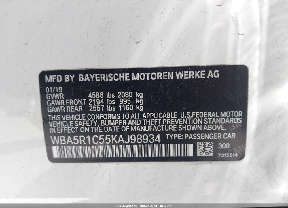 2019 BMW 330I VIN: WBA5R1C55KAJ98934