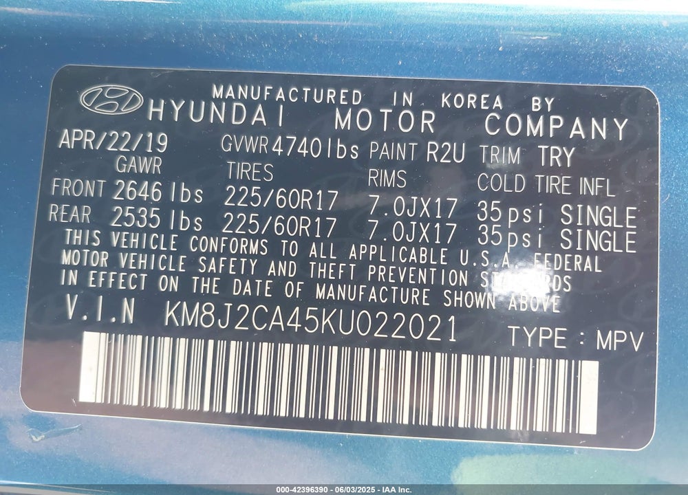 2019 HYUNDAI TUCSON VIN: KM8J2CA45KU022021