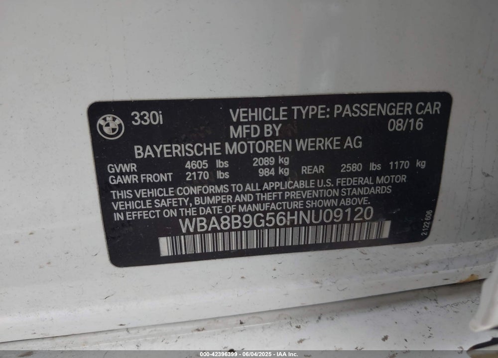 2017 BMW 330I VIN: WBA8B9G56HNU09120