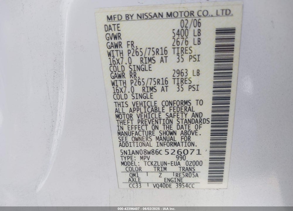 2006 NISSAN XTERRA VIN: 5N1AN08W86C526071