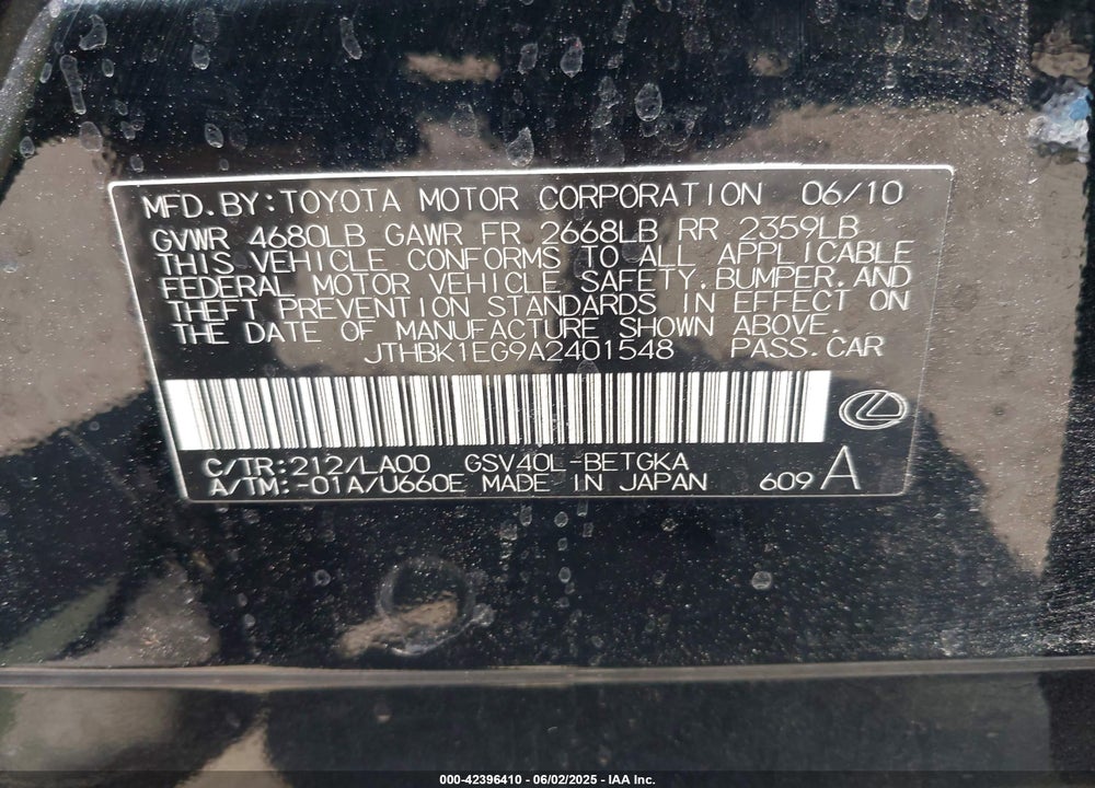 2010 LEXUS ES 350 VIN: JTHBK1EG9A2401548