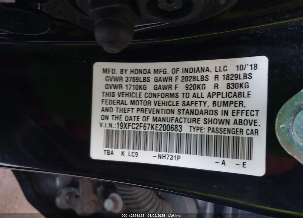 2019 HONDA CIVIC VIN: 19XFC2F67KE200683