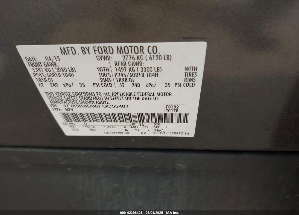 2015 FORD EXPLORER XLT VIN: 1FM5K8D86FGC55407
