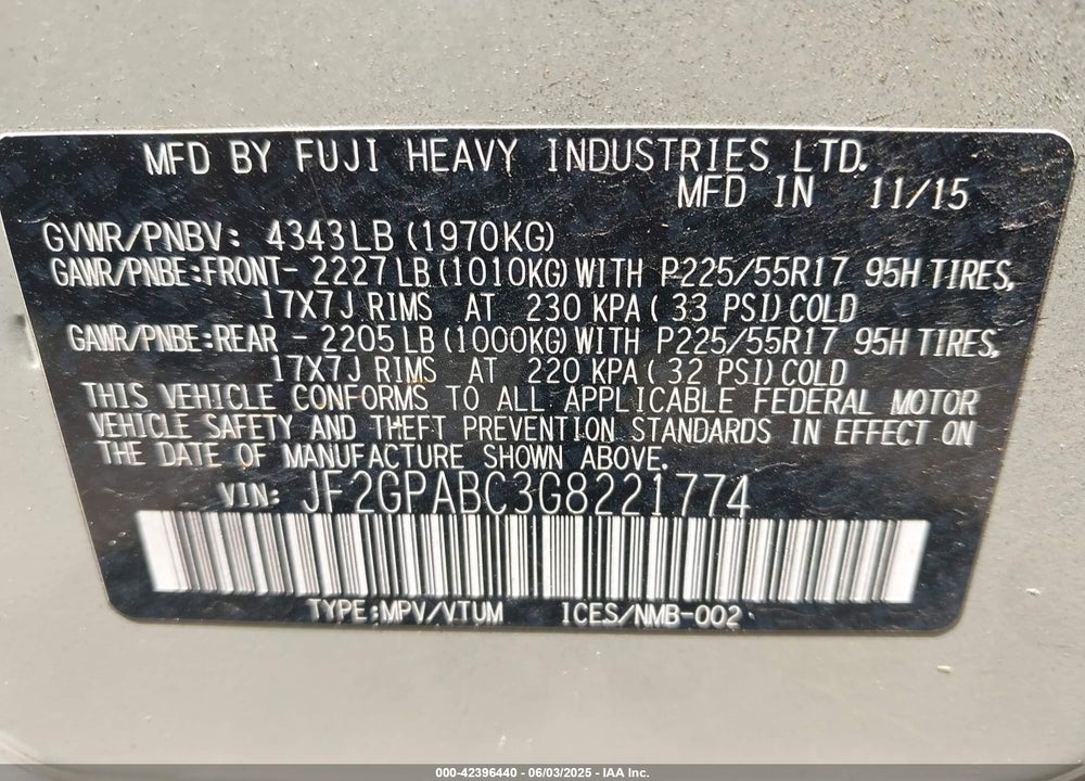 2016 SUBARU CROSSTREK VIN: JF2GPABC3G8221774