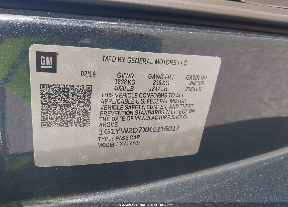 2019 CHEVROLET CORVETTE VIN: 1G1YW2D7XK5116017