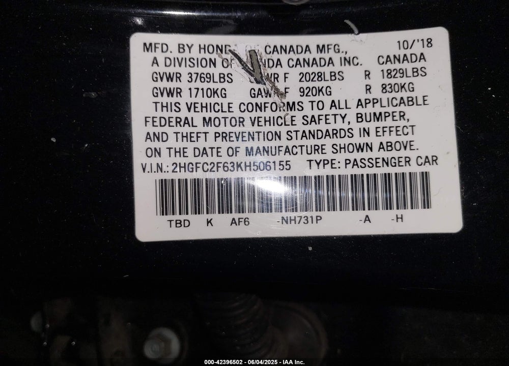 2019 HONDA CIVIC LX VIN: 2HGFC2F63KH506155
