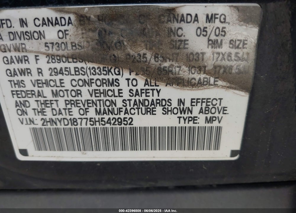 2005 ACURA MDX VIN: 2HNYD18775H542952