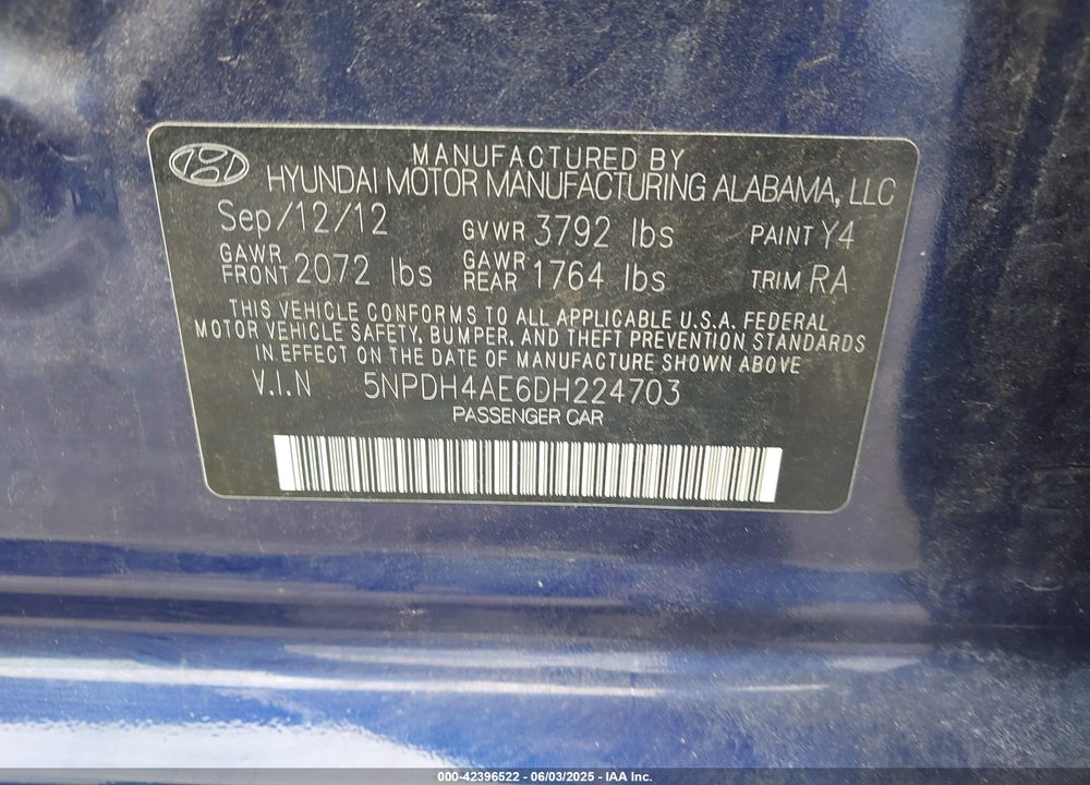 2013 HYUNDAI ELANTRA GLS VIN: 5NPDH4AE6DH224703