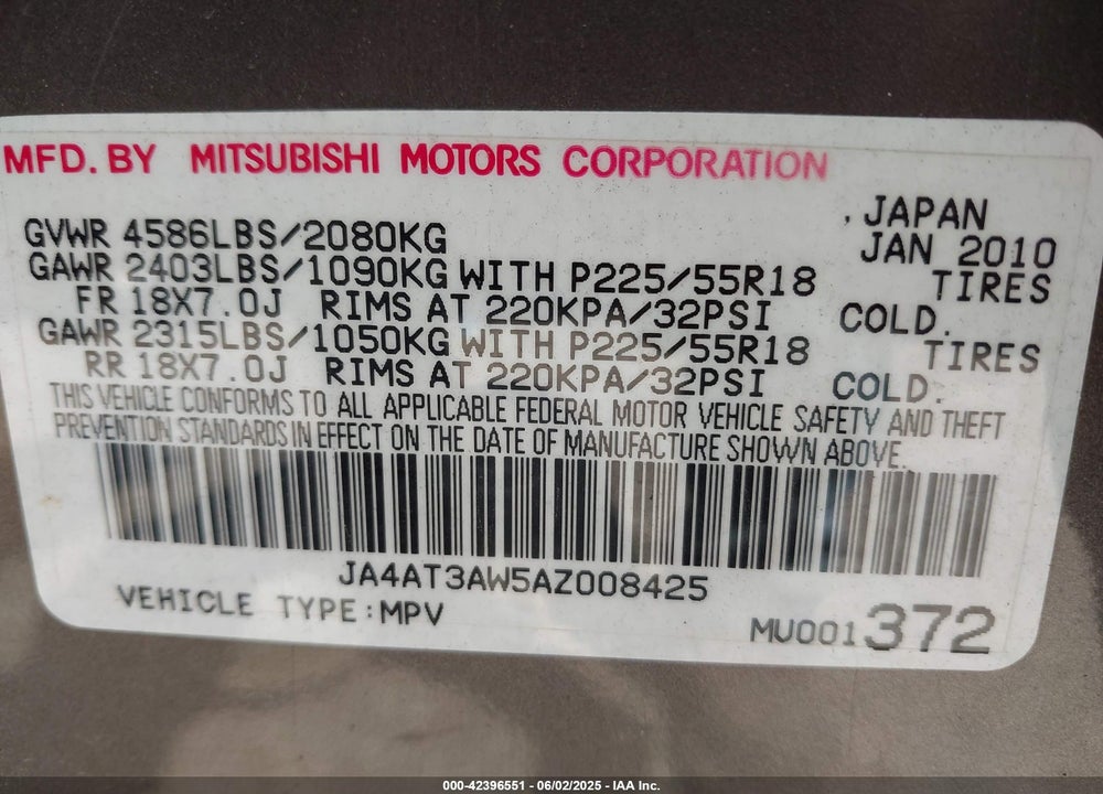 2010 MITSUBISHI OUTLANDER SE VIN: JA4AT3AW5AZ008425