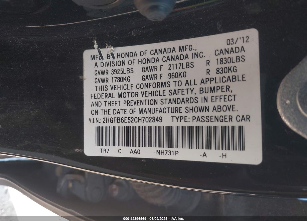 2012 HONDA CIVIC SI VIN: 2HGFB6E52CH702849
