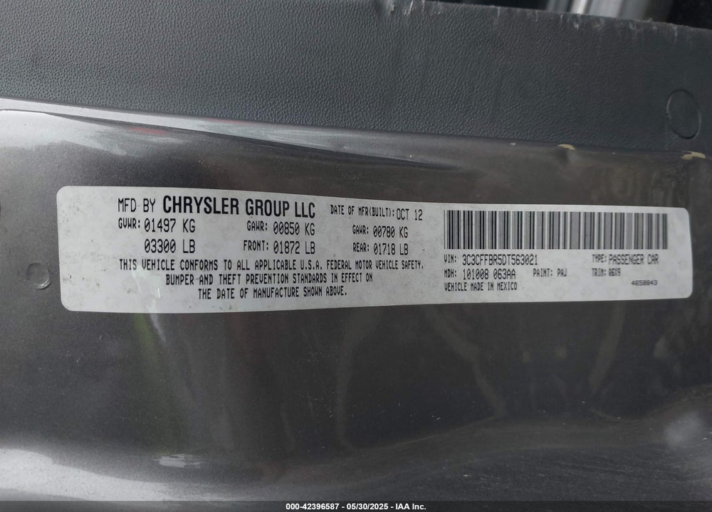 2013 FIAT 500 VIN: 3C3CFFBR5DT563021